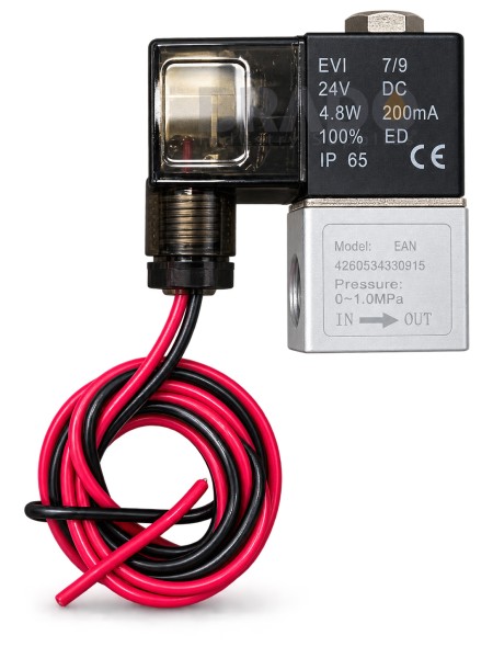 BIS 2/2-Wege Ventil direktgesteuert, 0-10bar, Alu, 24V DC, mit Winkelstecker, 1/4", 1m Anschlussleit