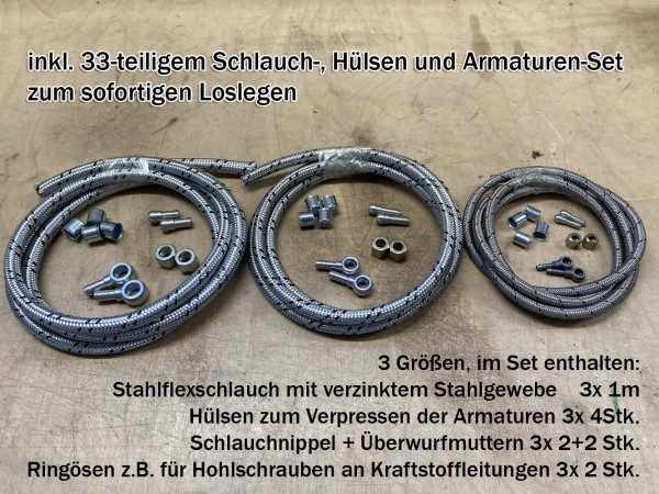 Niederdruck Presshülsen- & StahlflexSchlauch-Set Edelstahl bis 20bar, NW 2,5mm | 6mm | 8mm